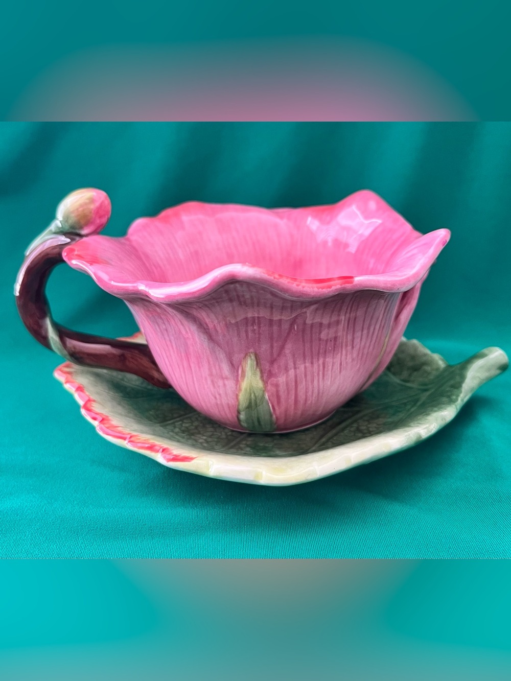 Pink Floral Ceramic Teacup and Saucer with Very Detailed and Hand Painted.
